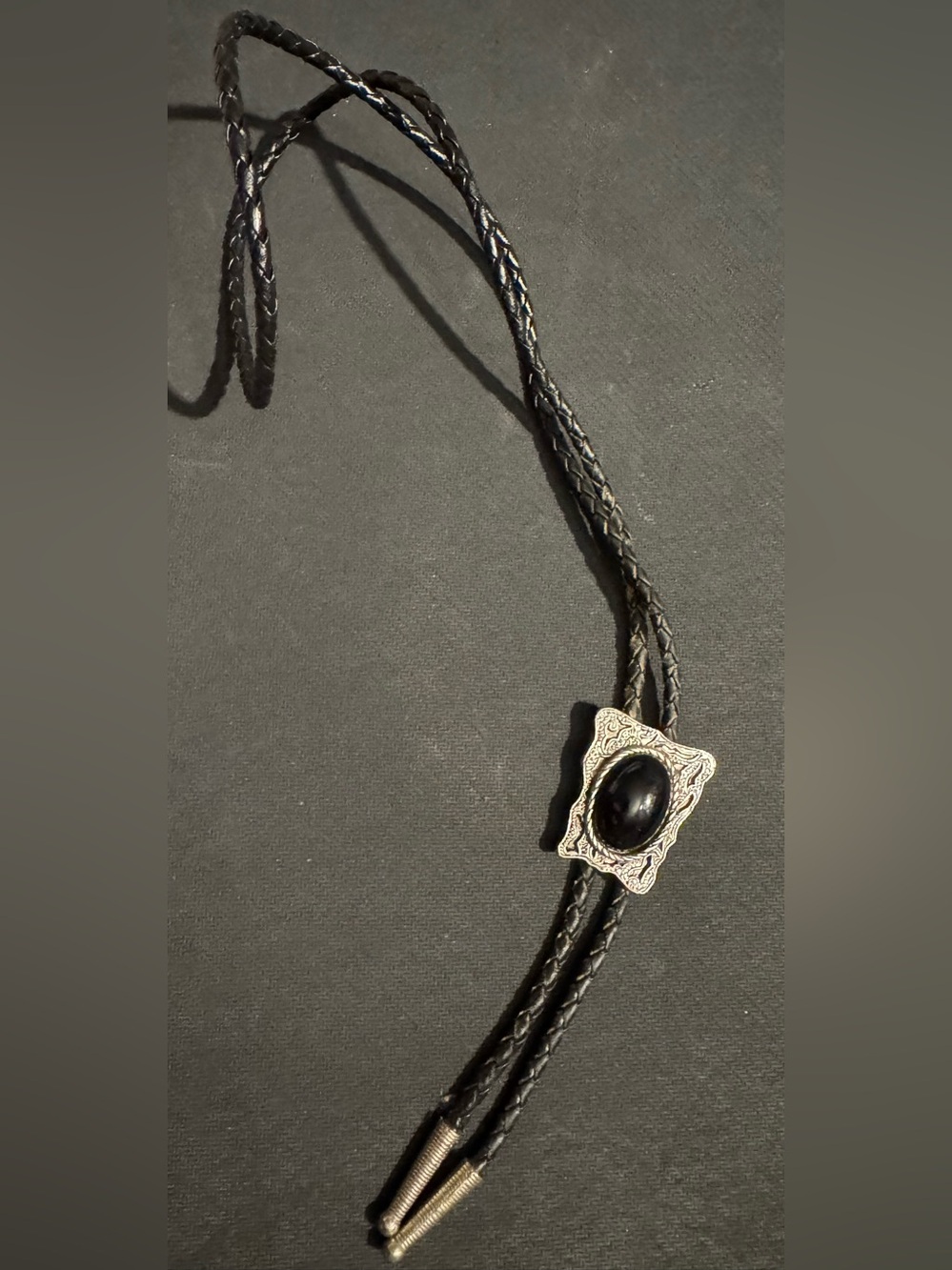 Vintage Silver Tone Western Bow Tie & Black Acrylic Cabochon Center